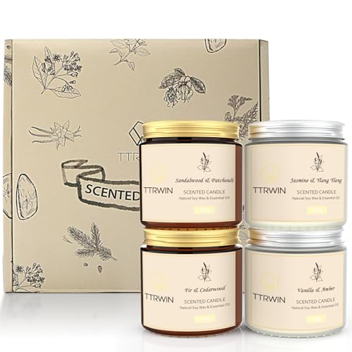 TTRWIN Duftkerze im Glas, 4 Dosen Duftkerze Sojawachs Lange Brenndauer, Geschenke für Frauen, Jasmin/Ylang Ylang, Sandelholz/Patchouli, Tannen/Zedernholz, Vanille/Amber, Weihnachtsgeschenke
