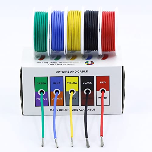 16 AWG Stranded Electrical Wire 16 Gauge Tinned Copper Wires Flexible Silicone Electric Hook Up Wire Kit OD:2.5mm, 5 Colors 13.1ft/4m Each, DIY/Automotive/Home/Power Wiring Kit