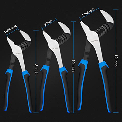 Helakls 3 Piece 8" 10" 12-Inch Adjustable Water Pump Pliers Tongue-And-Groove Straight Jaw Slip Joint Pliers With Comfort Grips Household Repair Pipe Fittings Maintain Tool Set #TOP2