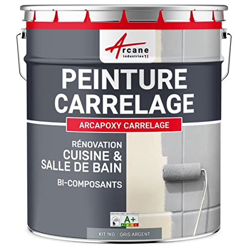 ARCANE INDUSTRIES Peinture carrelage Cuisine & Salle de Bain, résine bi-composante : Arcapoxy carrelage - 1 kg (jusqu'à 10 m² en 2 Couches) Gris Argent - RAL 7001