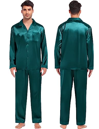 SWOMOG Couples Pajama Sets Women & Men Silky Satin Long Sleeve Sleepwear Classic Button Down Soft Loungewear Pjs Set Men Pure Green Large3