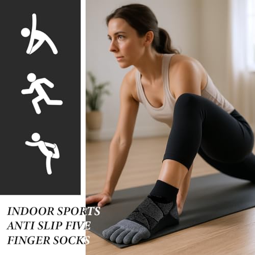 Image of PROBEROS 3 Pairs Mens 5-Toe Yoga Socks, Moisture-Wicking Cotton, Anti-Skid Towel Sole, Athletic Ankle Socks for Exercise, Running & Yoga