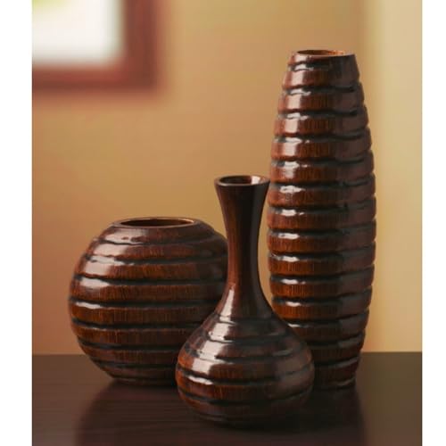 Hosley's Set of 3 Carved Wood Vases Small 6" Medium 8" and Tall 12" High. Ideal Gift for Floral Arrangements Wedding and Use for Home Office Decor Fireplace Floor Vases Spa Aromatherapy Settings