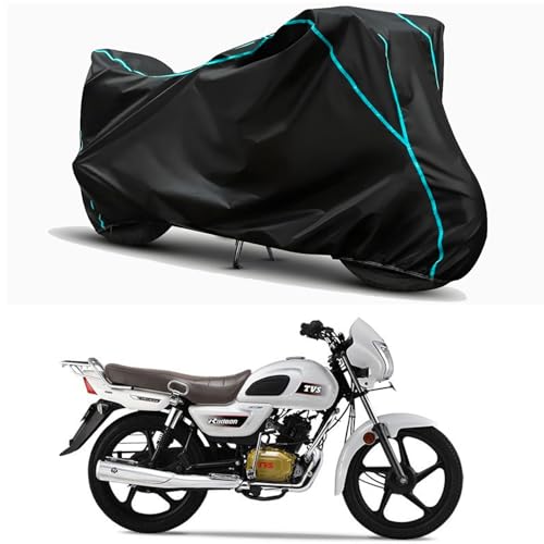 Image of Waterproof Bike Body Cover Compatible for | TVS Radeon Base BS6 | Taffeta Fabric, Sky Piping Design, Bottom Elastic Fit | Dustproof, Sun UV & Rain Protection for All Weather.