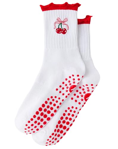 Image of Yawlsow Cute Pilates Grip Socks for Women Ruffle Frilly Yoga Socks Non Slip Cotton Crew Grippy Sock for Barre Workout
