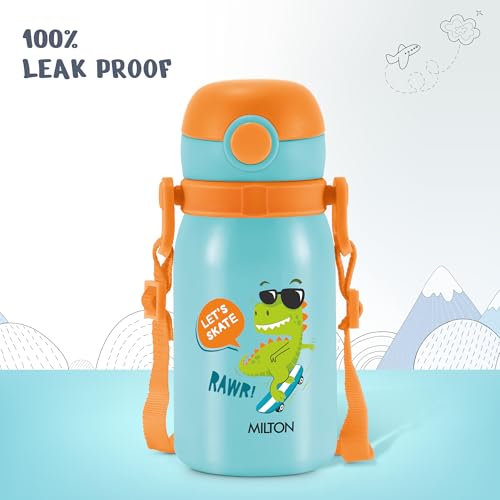 Image of MILTON Torque 450 ISI Certified Stainless Steel Water Bottle, Leak Proof, Rust Proof, Single walled,1 Yr Warranty, Ideal Sipper Water Bottle for School Kids Bottle, 455 ml, Blue (Dinosaurs)