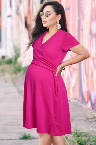 Image of OUGES Maternity Nursing Dress Breastfeeding Short Sleeve V Neck Casual Pregnancy Clothes with Pockets
