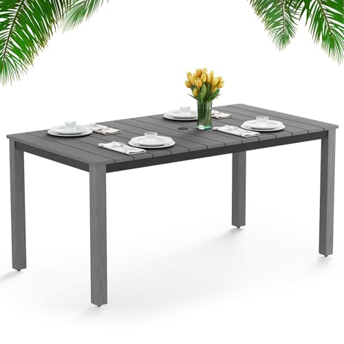 LAHAAP Outdoor Dining Table, Weatherproof 63" Rectangle HIPS Patio Dining Table for 6, with 2" Umbrella Hole, Outdoor Table for Backyard Deck Poolside, Gray