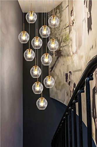 Chandelier d'escalier grand format 10 boules de verre bleu ambre 220cm