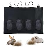 Kaninchen Heutasche,Heu-Futterbeutel,Kleintiere Heutasche,hängende Fütterung Heu mit 4 Fenster für kleine Haustiere, schwarz, mit 2 Stück S-Haken