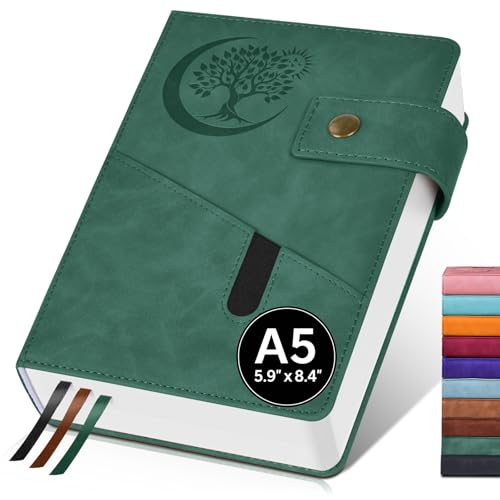 PAIBAS A5 Leather Lined Journal Notebook, 5.9'x8.4' 366 Pages 100GSM College Ruled Hardcover Diary with 3 Ribbon Bookmarks, Brass Snap & Front Pocket, Journals for Writing Work Travel Men Women