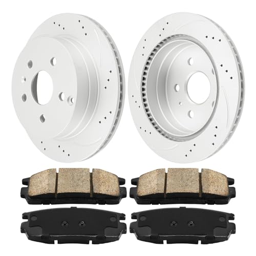 Image of KAX Rear Brake Kit, Drilled and Slotted Brake Rotors, Ceramic Brake Pads | Fits Chevrolet Equinox 2010-2017, GMC Terrain 2010-2017, Automotive Replacement Brake Kit