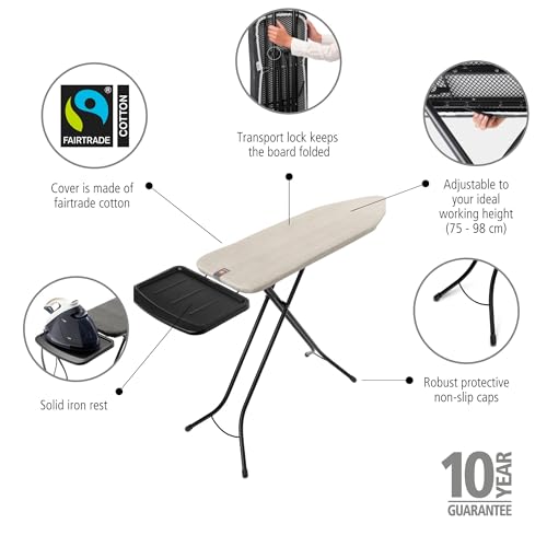 Brabantia Size B Ironing Board (49x15 in) 7 Height Options, Solid Steam Unit Rest Holder (Denim Gray) Non-Slip Feet, Anti-Collapse Child Locks