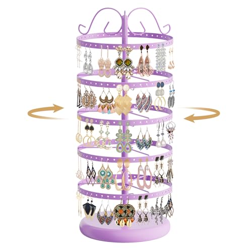MODOWEY 5 Tiers Metal Rotating Earring Holder Organizer Stand Adjustable Display Tree, 220 Holes Large Carousel Rack for Stud Hoop Pierced Dangling Women, Perfect View for All Earrings(Purple)