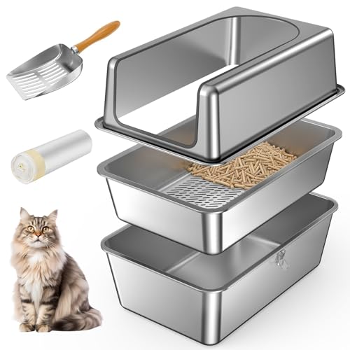 All Stainless Steel Sifting Litter Box with Lid,XL Extra Large Metal Sifting Cat Litter Box for Pine Pellets,High Sides Sifter Litter Pan System for Big Cats,Odor Control,Sifting Box Liners and Scoop
