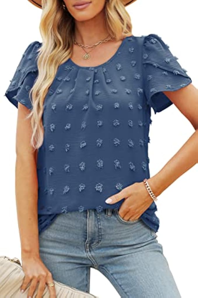 WIHOLL Blouses for Women Dressy Casual Petal Sleeve Summer Pleated Tops Swiss Dot Shirts