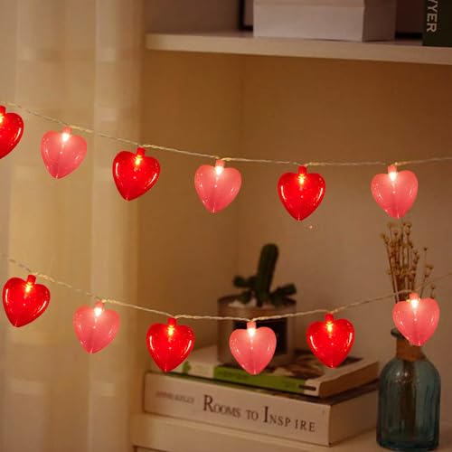 Abeja Heart String Lights, 8.5Ft Valentine's Day Heart String Lights with 10 Red/Pink Hearts, Romantic Love Heart Lights for Valentine's Day, Mother's Day, Party Decor, Wedding, Holiday Decorations