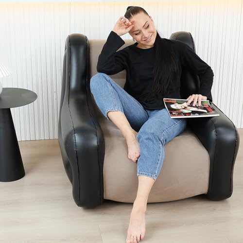 LONEEDY Aufblasbares zweifarbiges Stuhlsofa mit Armlehnen, aufblasbarer Sitz, Spielzimmer, Liege, Outdoor, Camping, Garten, Couch, weicher Plüschstoff für Erwachsene und Kinder (Khaki)