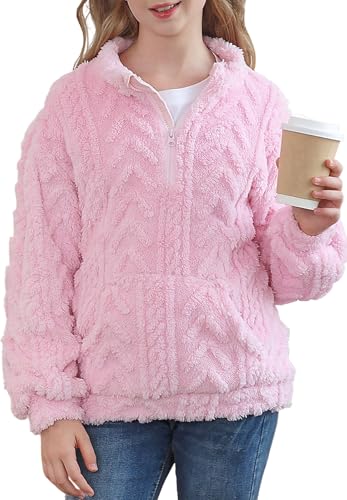 RAISEVERN Girls Sweatshirt Quarter Zipper Warm Sherpa Fleece Jacket Pullover Hoodies with Pockets 6-13 Years