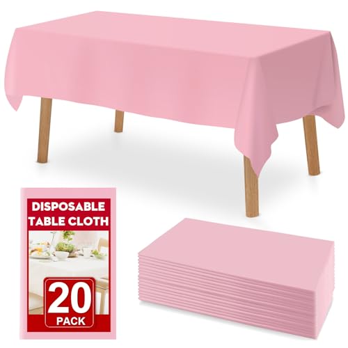 Image of RowinsyDD 20 Pack Pink Plastic Table Cloths Disposable, 54 x 108 Inches Plastic Table Cover for Rectangle Tables, Disposable Tablecloth for Dinning, Parties, BBQ, Wedding, Outdoor