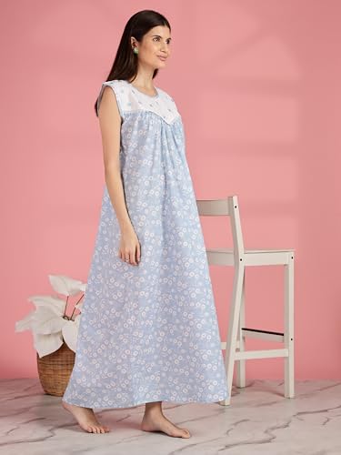 Image of 9shines Label Cotton Sleeveless Nighty | All Over Print Maxi Night wear for Women | Full Length Night Gown Night Dress for Women Stylish (Cotton Sleeveless 25)