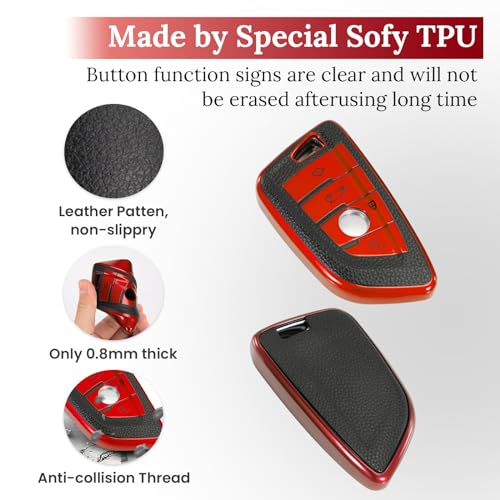 Image of Key Fob Cover for BMW, Leather-Style Keychain Tab Cover, Red