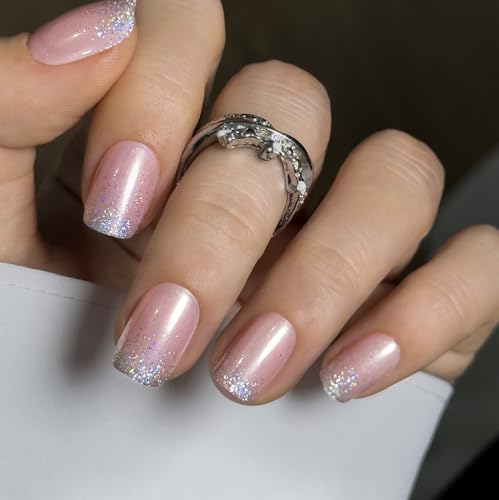 CurvLife Short Square Ombre Press On Nails, Shimmer Fade Pink, Soft Gel