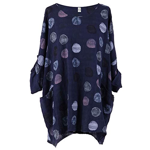 Image of Storm Island Italian Ladies Brick Print Front Pockets Top Womens Lagenlook Cotton Oversized Top (Spotty Navy, UK Fit 18-24)