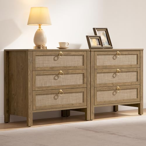 SICOTAS Nightstand Set 2 with Drawers – Large Rattan Bedside Table with Golden Handle, 3 Drawers Night Stand Tall End Table 26.78″ Wide Side Table Boho Nightstand for Bedroom