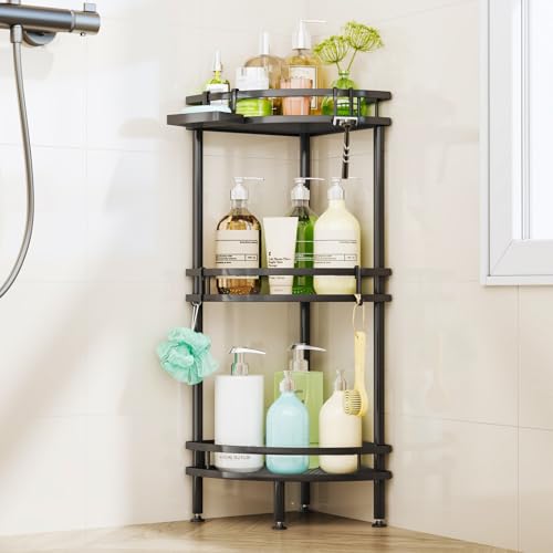 HapiRm Standing Corner Shower Caddy - 3 Tier Shower Organizer Corner with Soap Holder and 4 Hooks Rustproof Bathroom Storage Shelves with Adhesives Black