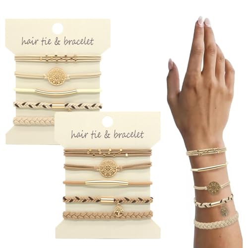 WATEFOER 10 Pezzi Elastici per Capelli Boho, Bracciali con Elastici per Capelli per Donne Ragazze, TCoda di Cavallo Bracciali Coda di Capelli Elastica per Capelli Spessi e Sottili (Beige)