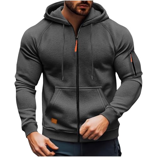 Full Zipper Hoodies for Men Long Sleeve Sweatshirt Sports Hooded Jacket Vintage Tactical Sweatshirt with Multi Pockets