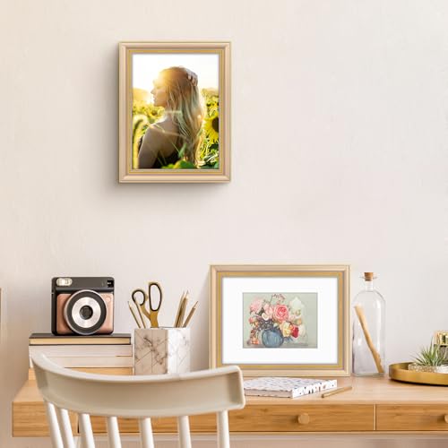 Image of Golden State Art,9x12 Ornate Picture Frame Holds 6x8 Photo,Champagne Gold | Includes real glass front,white mat,build-in hangers and buttons.Displays 6x8 photo on wall