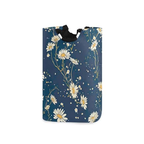 Jihqo Laundry Hamper Basket Daisy Navy Blue Collapsible Nursery Storage Bin Waterproof Clothing Baskets for Home Bedroom Bathroom Washing Room