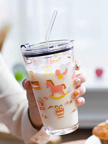 Image of ANKUL Cartoon Creative Printed Glass Tumblers with Lid and Straw - 350 ml Reusable Smoothie & Water Glasses - Cold Drink Cups (Random Design) (1, Patiyala)
