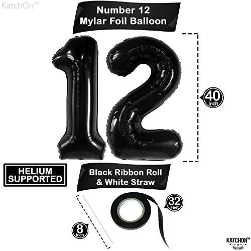 KatchOn, Black 40 Inch Giant 12 Balloon - Birthday & Anniversary Decorations, Unisex, Helium Supported, Self Sealing, Includes 32ft Ribbon & Straw - 12th Birthday, Boy, Party by KatchOn - Used condition - Image 2