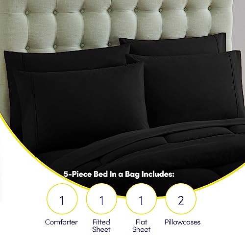 Sweet Home Collection 5 Piece Comforter Set Bag Solid Color All Season Soft Down Alternative Blanket & Luxurious Microfiber Bed Sheets, Black, Twin XL