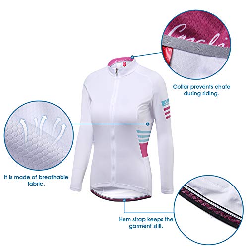 Santic Cycling Jersey Women's Long Sleeve Tops Bike Shirts Bicycle Jacket with Pockets White Olivia