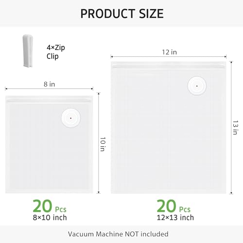 Image of Syntus 40 Reusable Vacuum Sealer Bags for Food, 8 inch x 10 inch and 12 inch x 13 inch (S+L) Food Storage Zipper Bags with Air Valve BPA-free Leakproof Keep Food Freshness, Compatible with Compact Vacuum Sealers