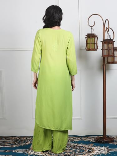 Image of Women's Luxe Lucknowi Chikankari Hand Embroidered Rayon Dyed Kurti Palazzo Dupatta Set - Designer Ethnic Wear for Wedding, Festive & Party Occasions