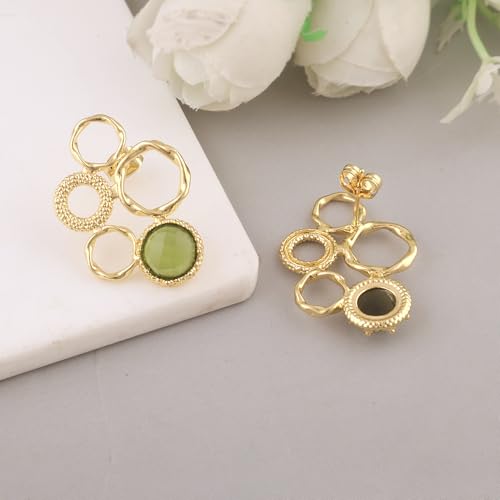 Multi-Gemstone Fancy Shape Stud Earrings – Moldavite, Green & Black Onyx, Dalmatian Jasper, Turquoise | Collet Setting | 18K Gold Plated | Butterfly Back Ear Post3