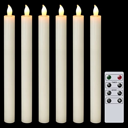 DRomance Ivory Flameless Taper Candles with Remote and Timer 6 Pack Battery Operated LED Flickering Taper Candles Real Wax Dimmable Light Dinner Wedding Holiday Decor(0.78
