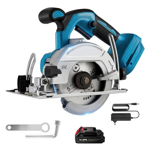Mini-Kreissäge, kabellos, 125 mm, 5 Zoll, Winkeleinstellung 0 – 45 °, mit Akku, 1000 W, effizientes Schneiden von Holzsteinfliesen, leichte elektrische Kreissäge (blau)