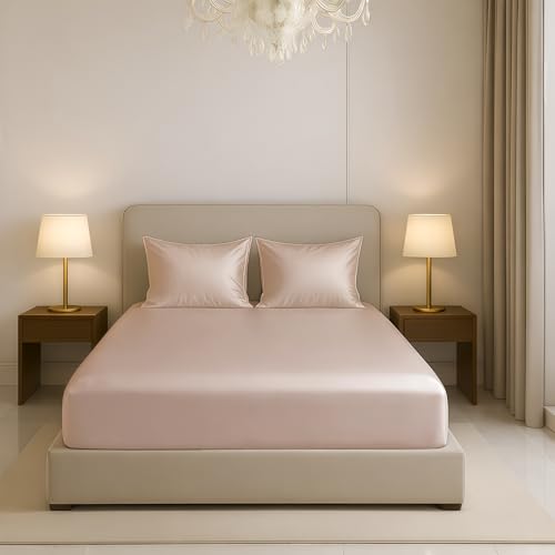 Image of Luxe Ere Elastic Fitted Satin Bedsheet King Size (78x72) with 2 Pillow Covers, Ultra-Smooth 300TC Silky Fabric, Perfect for Home Decor, Gifting & Romantic Escapes- Golden Mirage