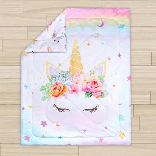 Image of Toddler Bedding Sets for Girls, Unicorn Toddler Crib Bedding Set 4 Piece Pink Floral Toddler Comforter Set Includes Flat Top Sheet, Fitted Sheet, Comforter, Envelope Pillowcase, Soft & Comfort
