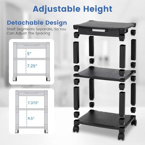 Halter Printer Stand, Rolling Home Office Printer Stand with Storage and Cable Management, Pack of 2 Printer Tables, Black Printer Cart, LZ-308