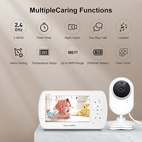 JOYUSING Baby monitor video con videocamera e audio, schermo digitale LCD HD da 4,3, visione notturna, batteria da 2000 mAh, sensore di temperatura audio a 2 vie Ninna nanna