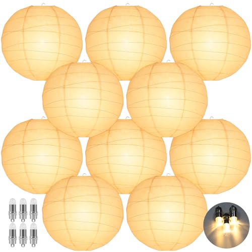 LIHAO 10’’ White Paper Lanterns with Lights, Chinese Lanterns Decorative