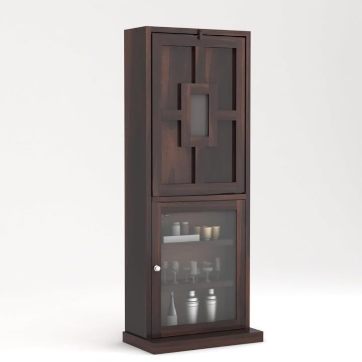 Image of Wooden Bar Cabinet for Home - Large Bar Unit for Living Room with Wine Rack - Foldable Table & Glass Door Storage | Sheesham Bar Table for Home & Bar Counter (Natural)