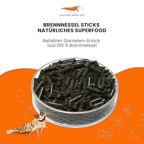 GARNELEN4YOU® Brennnessel Sticks – Premium Garnelenfutter aus 100% Brennnessel – pflanzliche Futter Pellets für Garnelen, Krebse & Schnecken – nachhaltige Verpackung – Made in Germany – 50 g